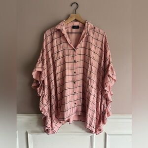 Pink and Black Plaid Oversized Short Sleeve Button Up Shirt Ruffle Fall
